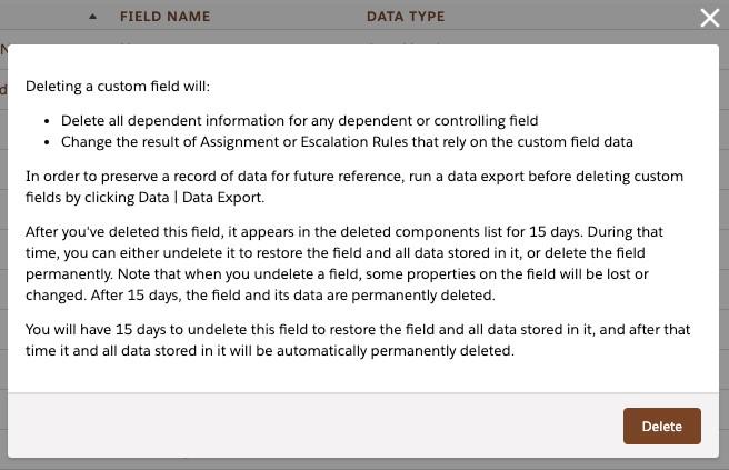 Message when deleting a field